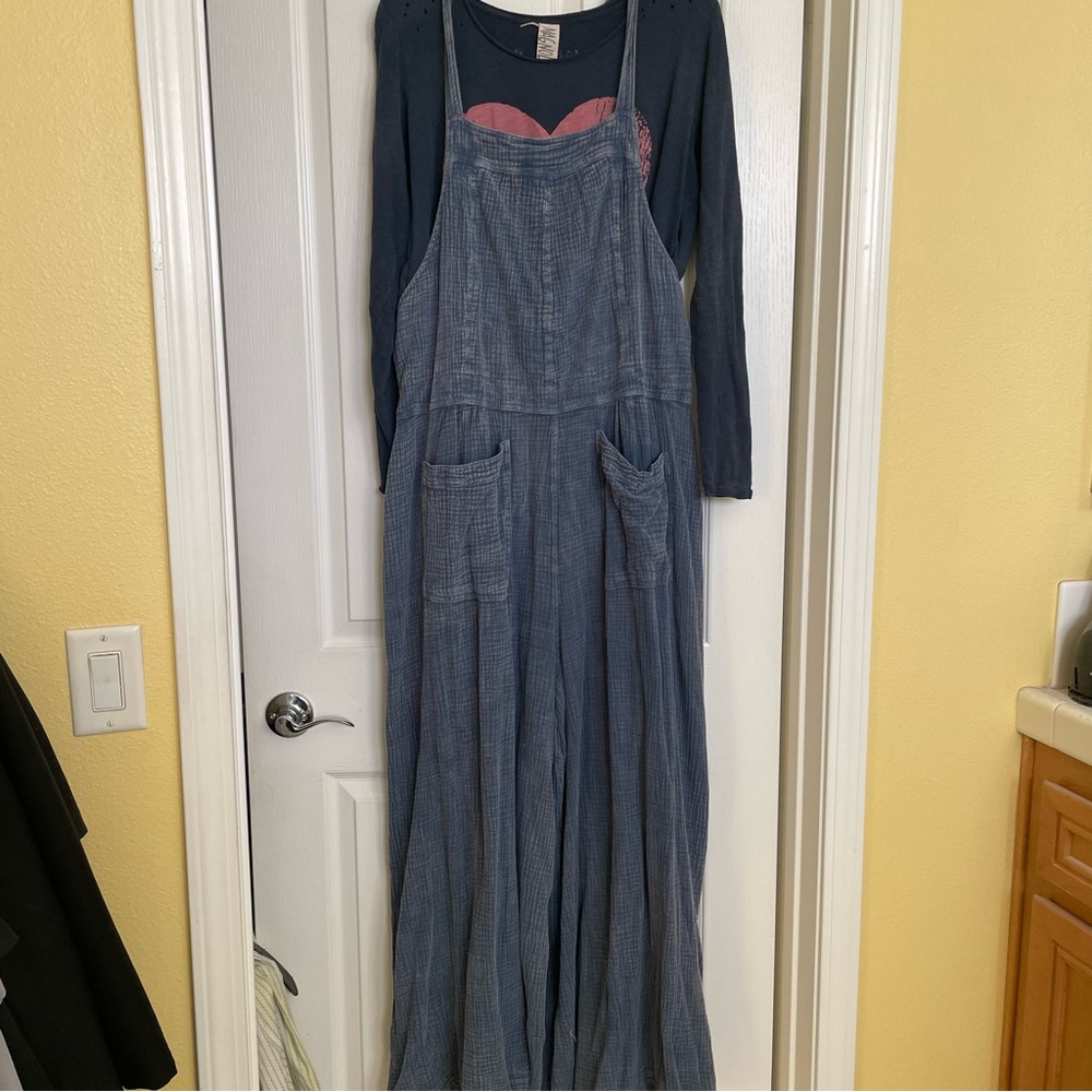 Free People Wide Leg Cotton Overalls, Sz L